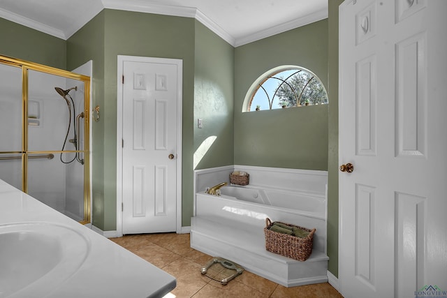 bathroom featuring tile patterned flooring, vanity, and plus walk in shower