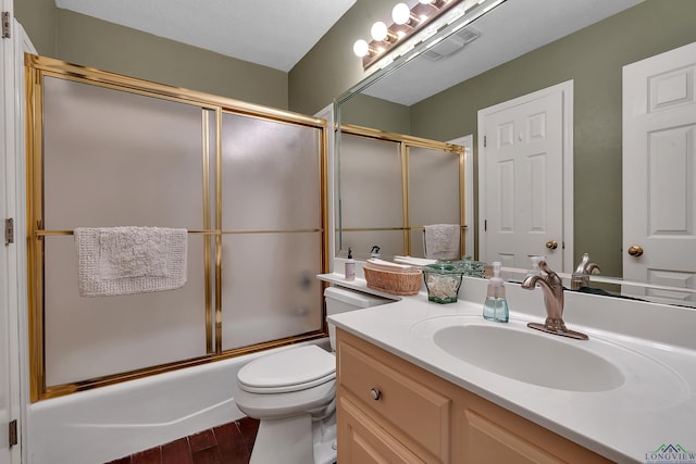 full bathroom featuring hardwood / wood-style flooring, vanity, toilet, and bath / shower combo with glass door