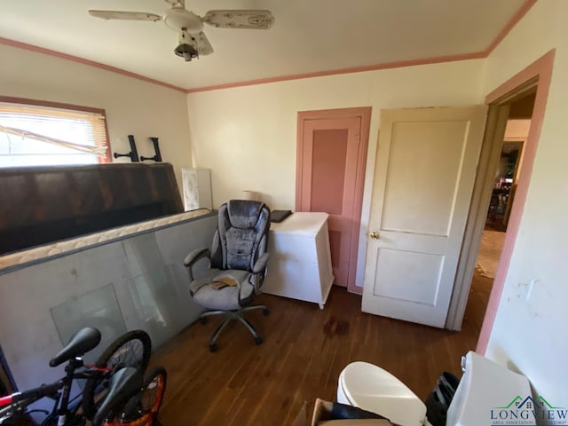 office with ceiling fan, dark hardwood / wood-style flooring, and ornamental molding