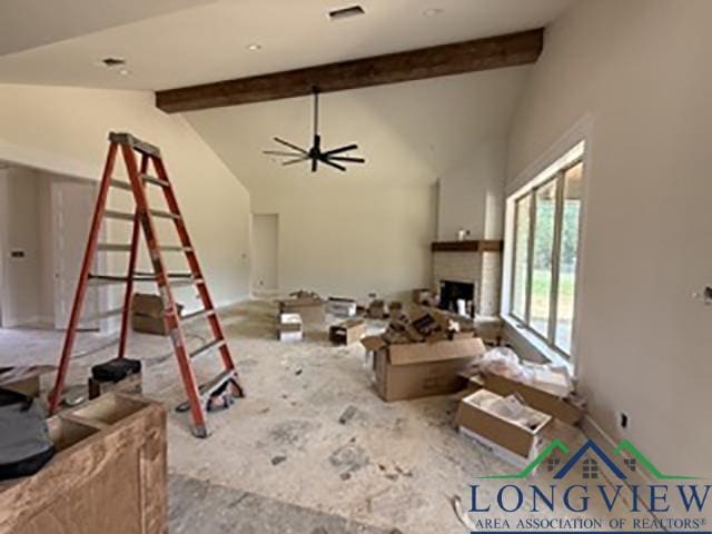 208 Lafoy Ln, Hallsville, TX 75650 - unfurnished living room with a ceiling fan and a fireplace