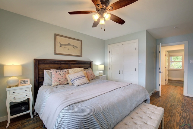 bedroom featuring a closet, ceiling fan, and dark wood-type flooring