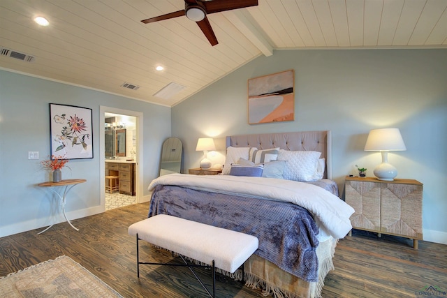 bedroom with ensuite bathroom, ceiling fan, dark hardwood / wood-style flooring, and wood ceiling