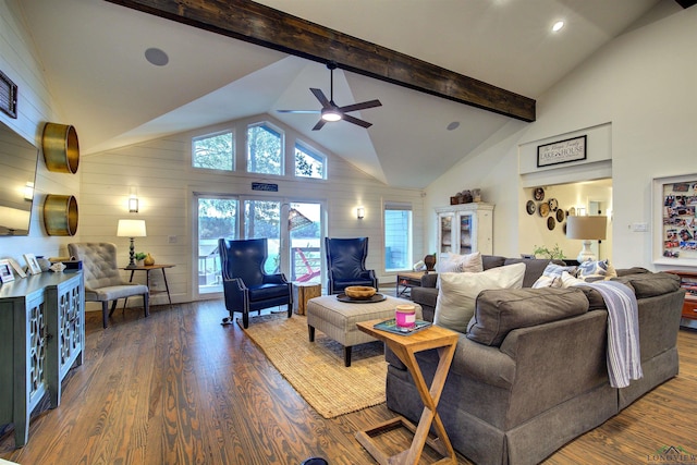 living room featuring ceiling fan, dark hardwood / wood-style flooring, beamed ceiling, high vaulted ceiling, and wood walls