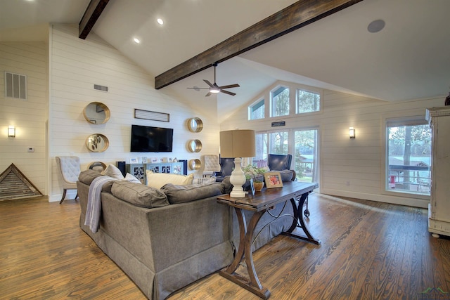 living room featuring beam ceiling, ceiling fan, dark wood-type flooring, high vaulted ceiling, and wooden walls