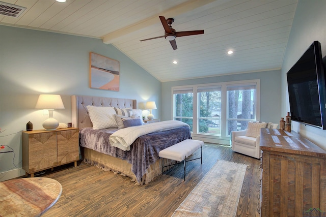 bedroom featuring ceiling fan, lofted ceiling with beams, wooden ceiling, and dark hardwood / wood-style floors