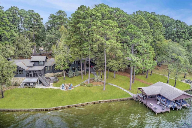 drone / aerial view featuring a water view