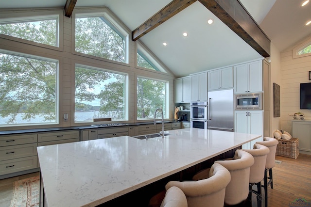 kitchen with built in appliances, light stone countertops, sink, and a large island with sink