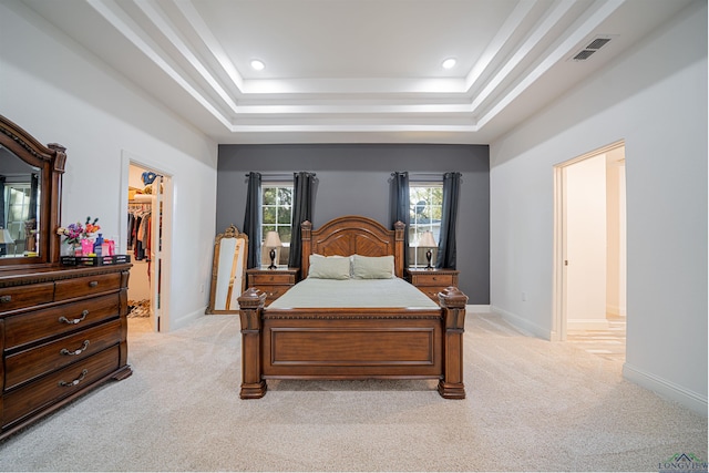 bedroom featuring a raised ceiling, light colored carpet, a spacious closet, and a closet