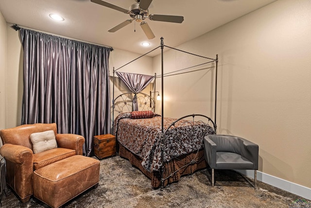 carpeted bedroom featuring ceiling fan