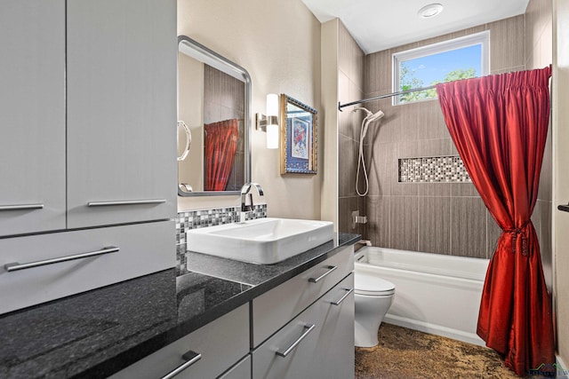 full bathroom featuring vanity, toilet, shower / bath combo with shower curtain, and backsplash