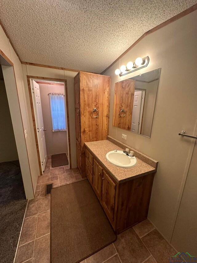 12700 2184 D, Tatum, TX 75691 - bathroom featuring vanity, a textured ceiling, and vaulted ceiling