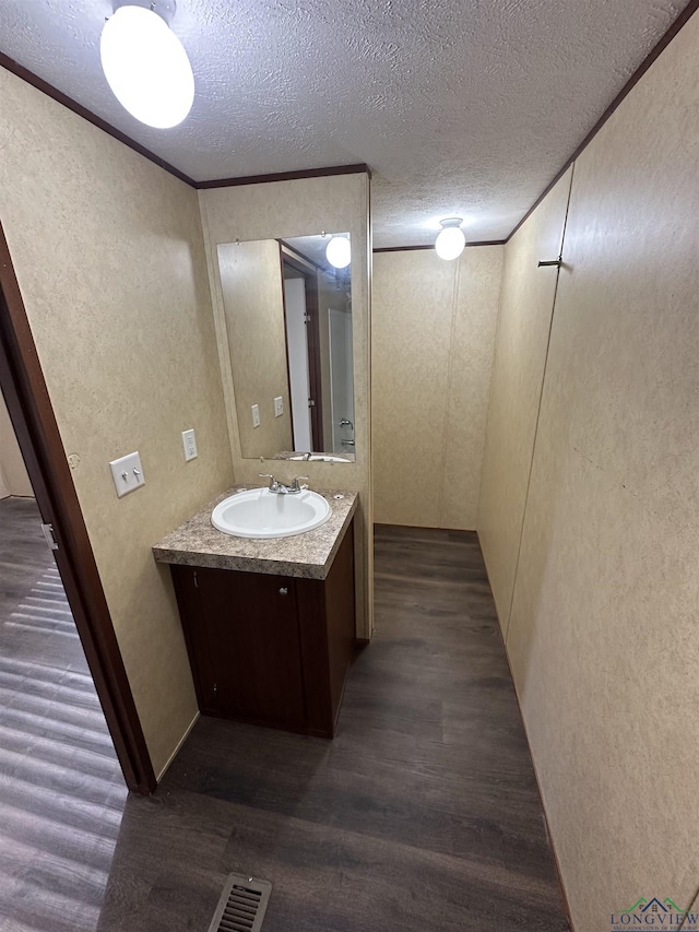 12700 2184 D, Tatum, TX 75691 - bathroom with vanity, a textured wall, a textured ceiling, and wood finished floors