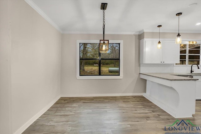 unfurnished dining area with light wood-type flooring, sink, and crown molding