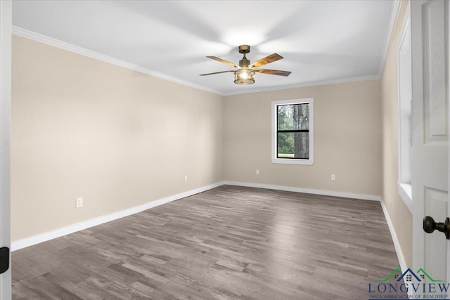 unfurnished room with ceiling fan, wood-type flooring, and ornamental molding