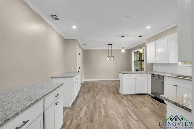 kitchen with light stone countertops, white cabinets, dishwasher, decorative light fixtures, and light hardwood / wood-style floors