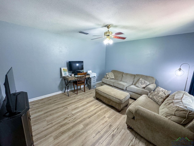902 Warren Dr, Marshall, TX 75672 - living area with light wood-type flooring, ceiling fan, a textured ceiling, and an office area