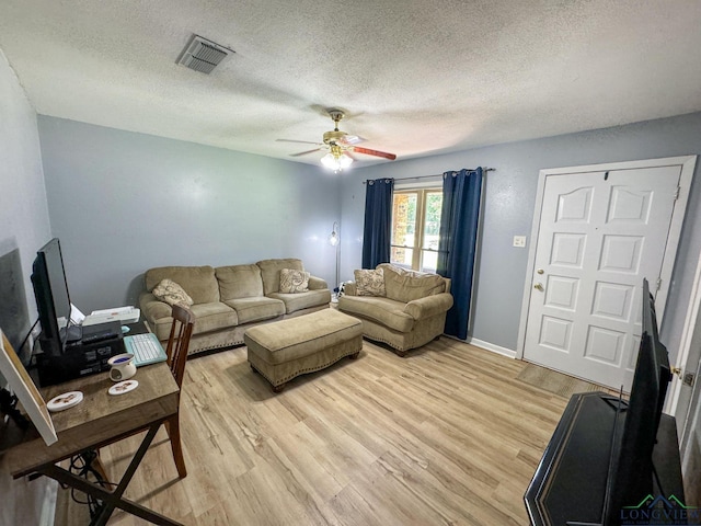 902 Warren Dr, Marshall, TX 75672 - living room featuring a textured ceiling, light wood finished floors, and ceiling fan