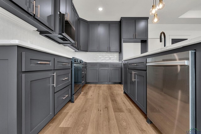 1507 Wellington Ln, Longview, TX 75605 - kitchen featuring dishwasher, light wood-style flooring, tasteful backsplash, stove, and light countertops