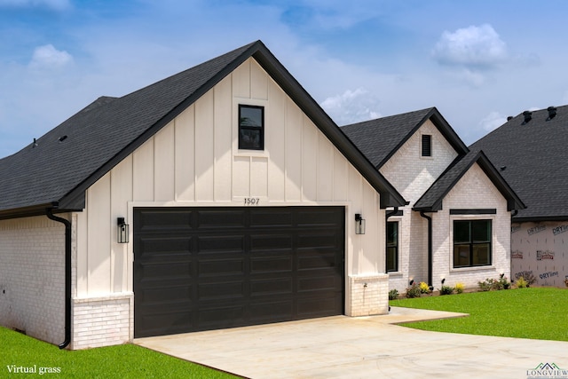 1507 Wellington Ln, Longview, TX 75605 - modern farmhouse style home with brick siding, board and batten siding, driveway, and a garage