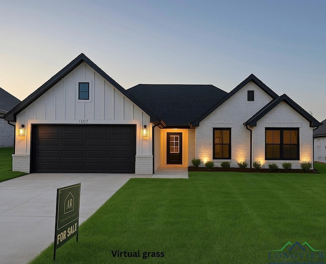 1507 Wellington Ln, Longview, TX 75605 - modern farmhouse style home with a lawn, driveway, a garage, board and batten siding, and brick siding