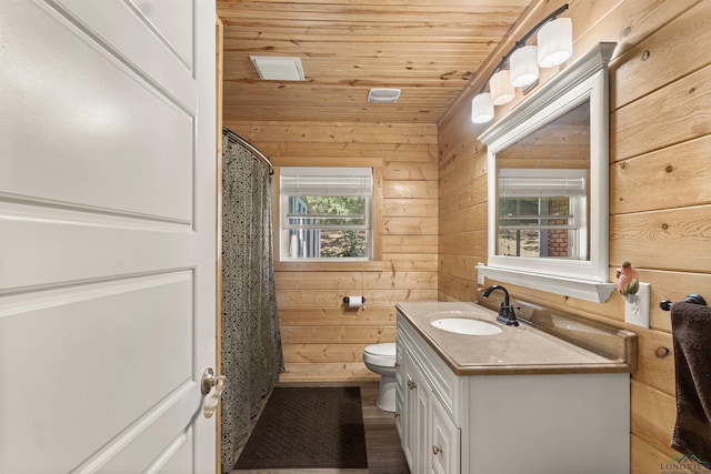 bathroom with vanity, wooden walls, toilet, and wooden ceiling