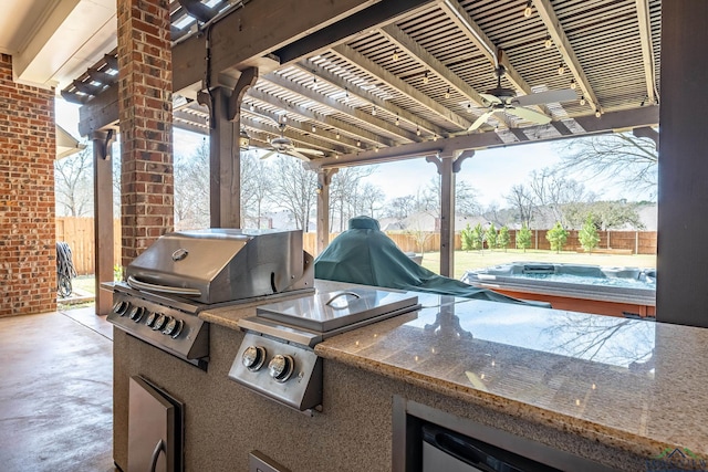 view of patio / terrace featuring a fenced backyard, ceiling fan, grilling area, and a pergola