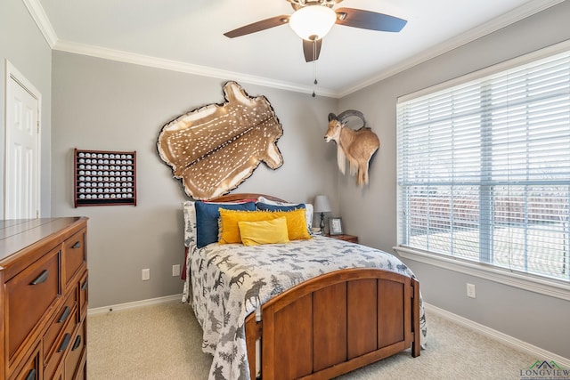 bedroom featuring ceiling fan, baseboards, ornamental molding, and light colored carpet