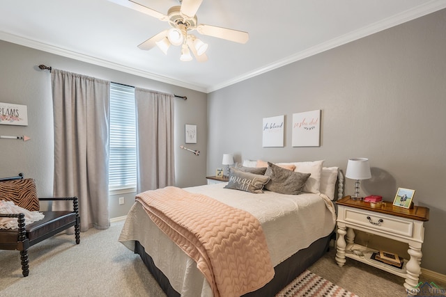 bedroom with baseboards, ceiling fan, ornamental molding, and carpet flooring