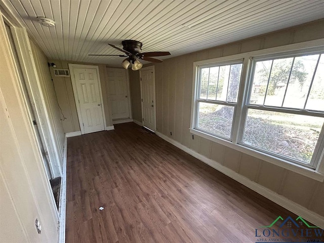 interior space featuring dark hardwood / wood-style flooring, wooden ceiling, and ceiling fan