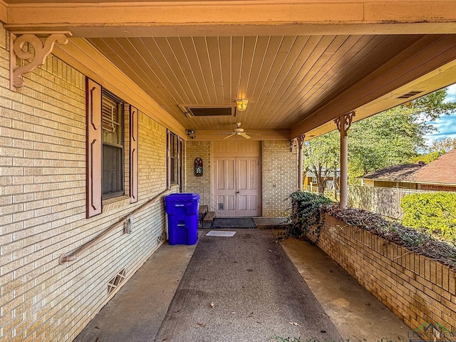 view of patio featuring ceiling fan and covered porch