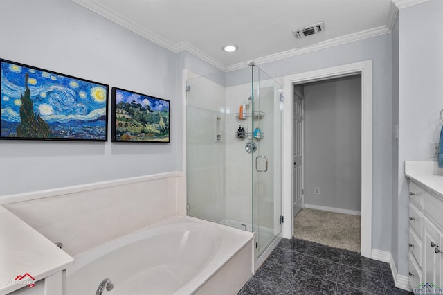 bathroom with shower with separate bathtub, vanity, and ornamental molding