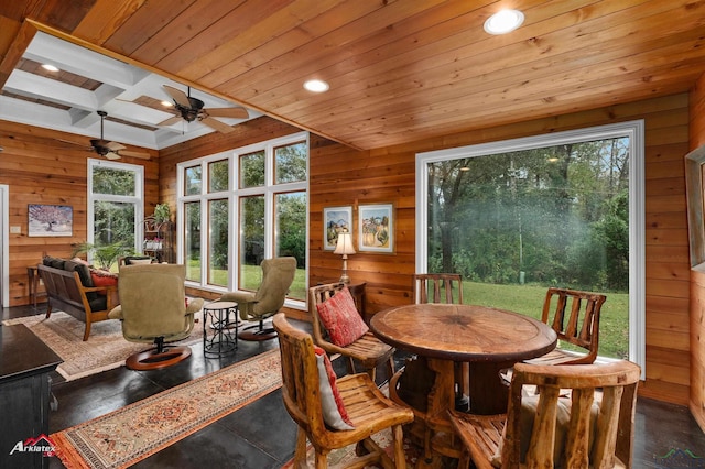 sunroom / solarium featuring beamed ceiling, ceiling fan, and coffered ceiling