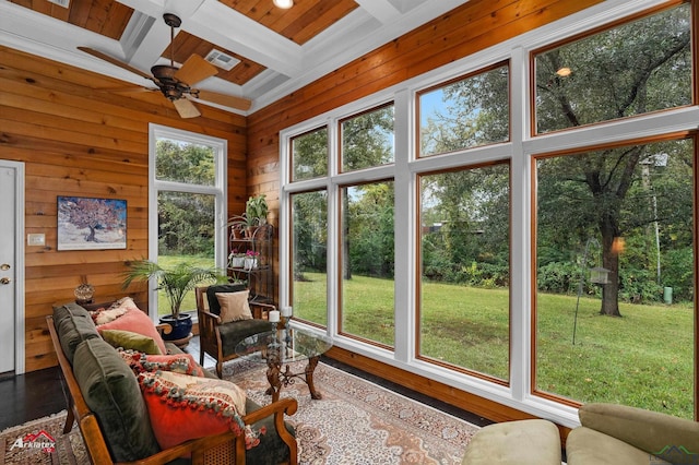 sunroom / solarium with beam ceiling, ceiling fan, and coffered ceiling