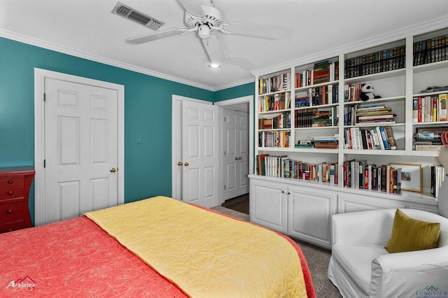 bedroom featuring ceiling fan, dark carpet, and ornamental molding