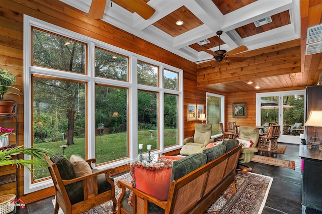 sunroom with beamed ceiling, wooden ceiling, ceiling fan, and coffered ceiling