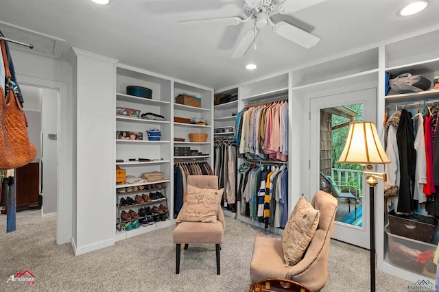 walk in closet with ceiling fan and light carpet