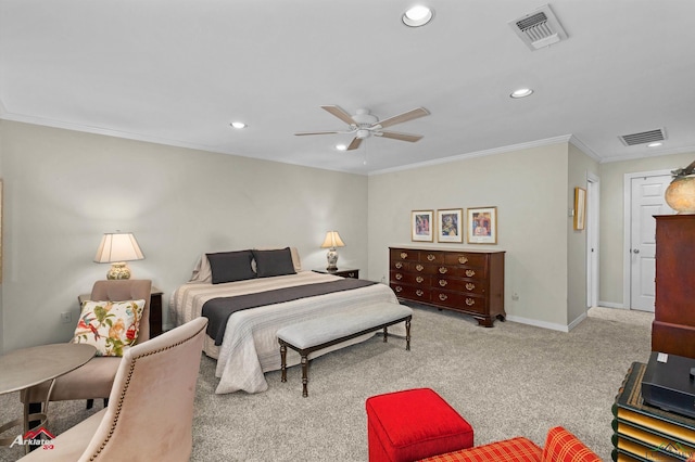 bedroom with light colored carpet, ceiling fan, and ornamental molding