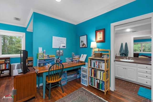 home office with crown molding, sink, and dark hardwood / wood-style floors