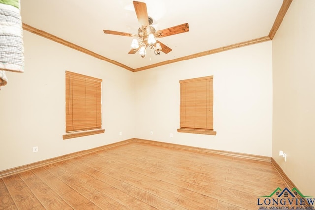 unfurnished room featuring hardwood / wood-style flooring, ceiling fan, and ornamental molding