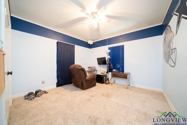 sitting room featuring carpet flooring and ceiling fan