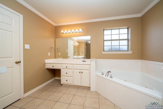 bathroom featuring tile patterned flooring, vanity, baseboards, ornamental molding, and a whirlpool tub