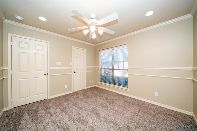 carpeted empty room with recessed lighting, crown molding, baseboards, and ceiling fan