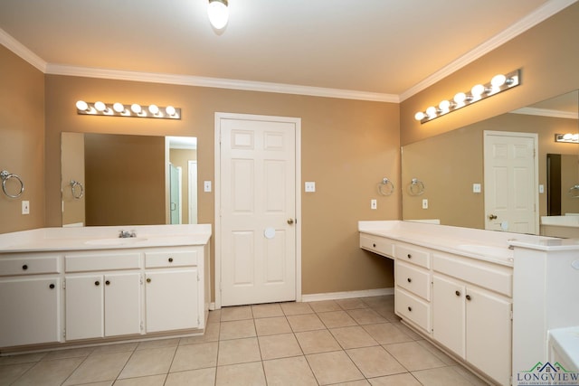 full bathroom with crown molding, two vanities, a sink, baseboards, and tile patterned floors