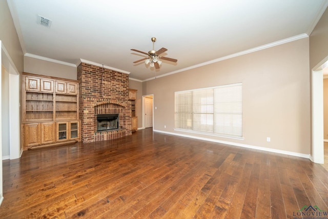 unfurnished living room featuring baseboards, visible vents, a ceiling fan, dark wood-type flooring, and a fireplace