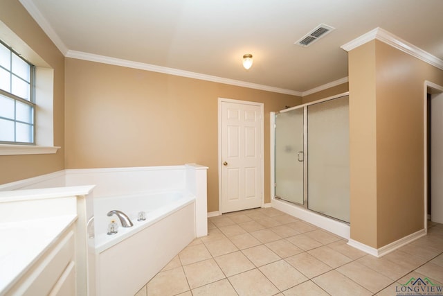 full bathroom featuring tile patterned flooring, visible vents, crown molding, and a shower stall