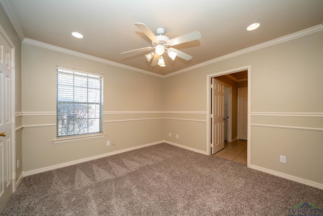 unfurnished room featuring recessed lighting, ornamental molding, carpet flooring, ceiling fan, and baseboards