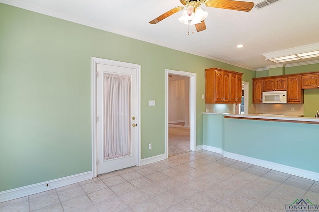 kitchen with crown molding and ceiling fan