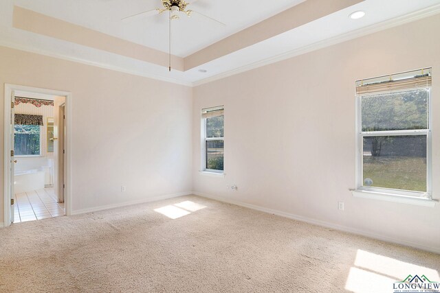 carpeted empty room with a tray ceiling and ceiling fan