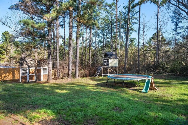 view of yard featuring a storage shed and a trampoline