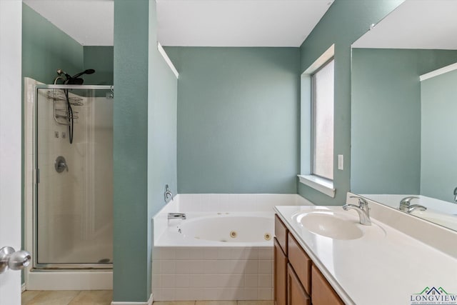 bathroom with vanity and plus walk in shower